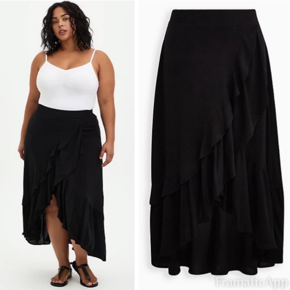 Torrid Challis Ruffle High Low Hem Maxi Skirt Size 1X Black